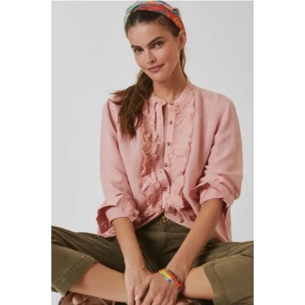 Pilcro Anthropologie Ruffled Placket Shirt Pink Peach Linen Blend Blouse Medium